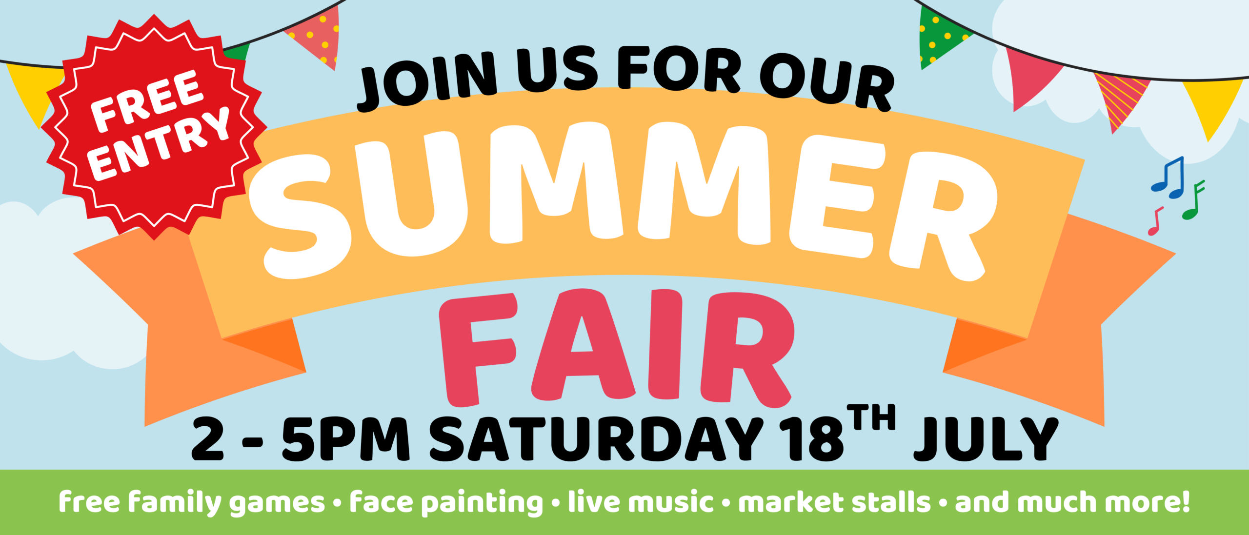 Summer Fair Banner Summer Fair at St James Hope and Salford Elim Church, free entry, 2 to 5pm on Saturday 18th July, with free family games, face painting, live music, market stalls and much more.